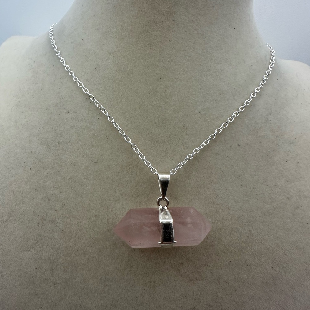 Double Terminated Rose Quartz Pendant on Silver Box Chain - Picture 8 of 8